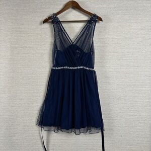 Navy Fit Flare Skater Dress Juniors 13 Sequin Mesh Homecoming Prom Party Y2K